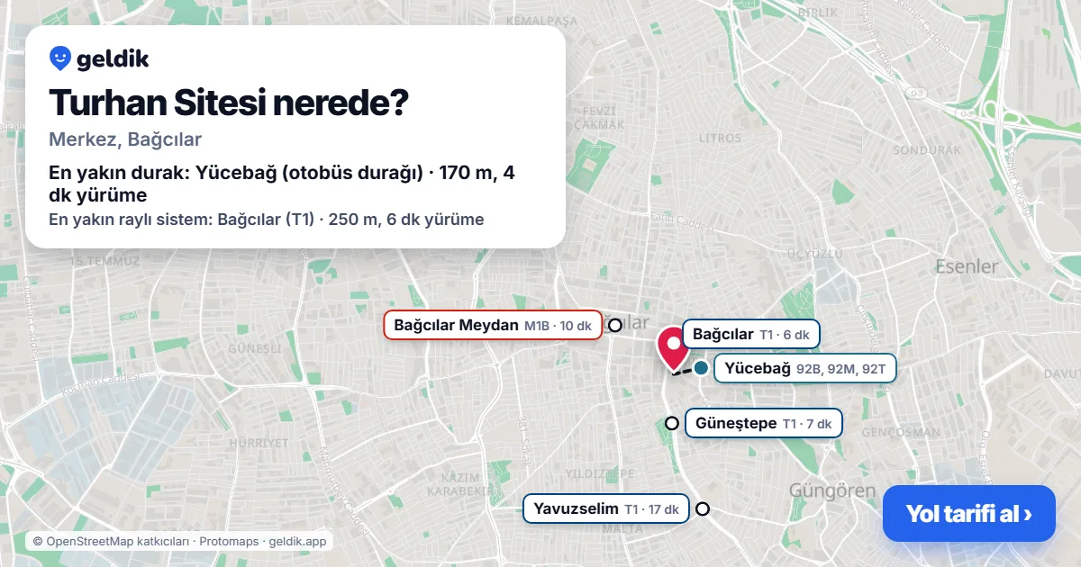 Where is Turhan Sitesi: map with its location and the nearest stops, with walking times