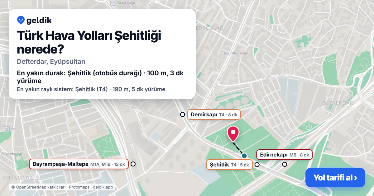Where is Türk Hava Yolları Şehitliği: map with its location and the nearest stops, with walking times