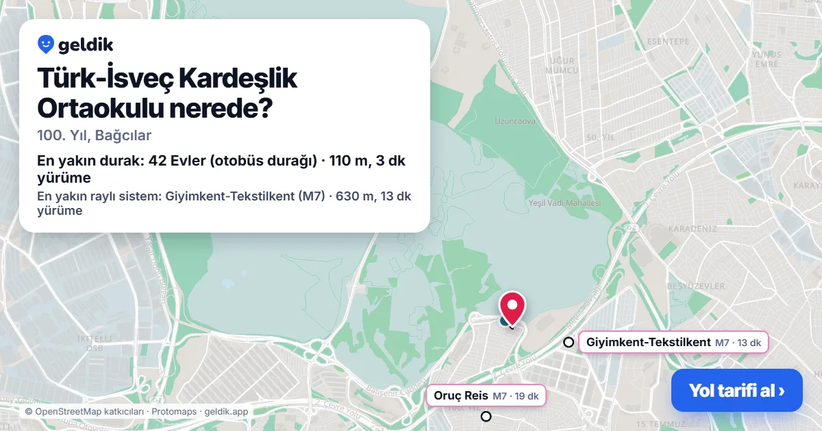 Where is Türk-İsveç Kardeşlik Ortaokulu: map with its location and the nearest stops, with walking times