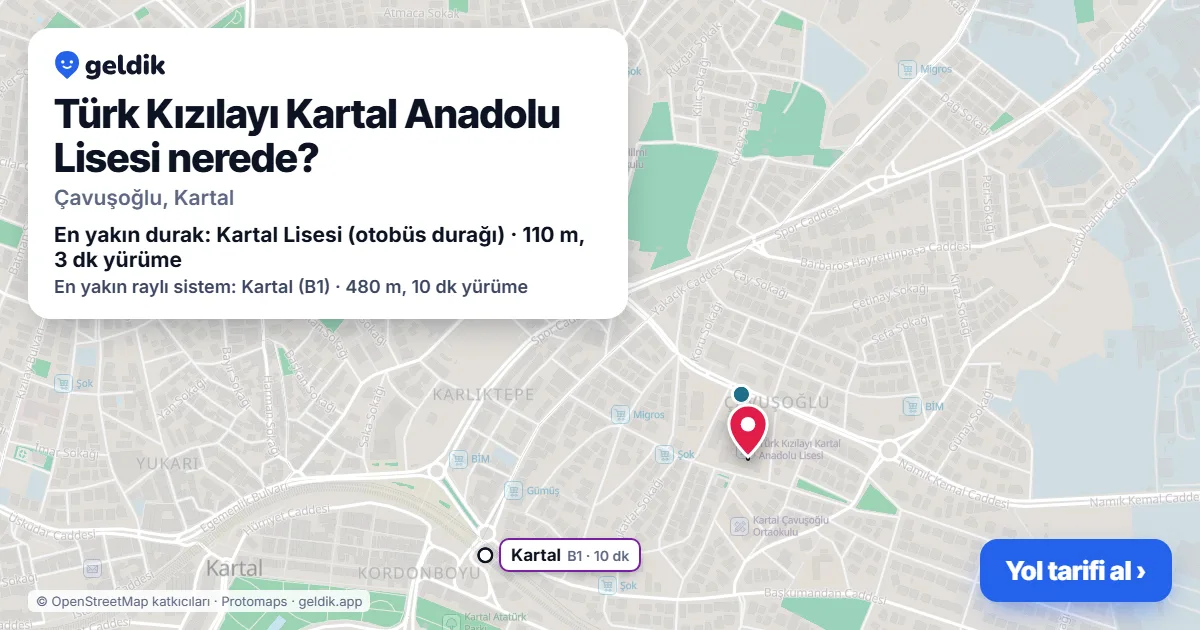 Türk Kızılayı Kartal Anadolu Lisesi nerede: haritada konumu ve en yakın duraklar, yürüme süreleriyle