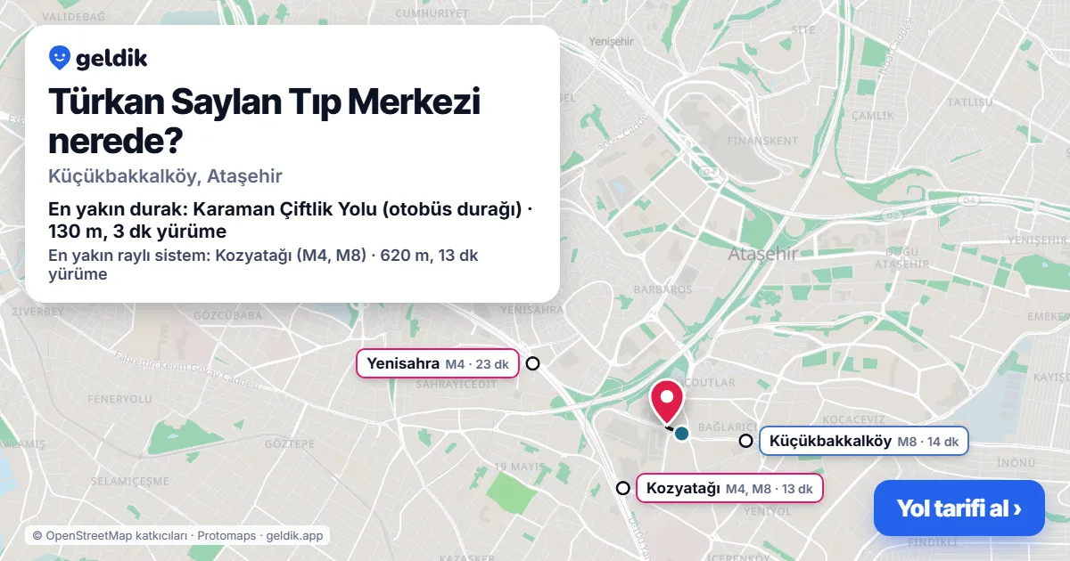 Where is Türkan Saylan Tıp Merkezi: map with its location and the nearest stops, with walking times