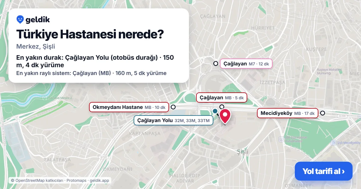 Türkiye Hastanesi nerede: haritada konumu ve en yakın duraklar, yürüme süreleriyle