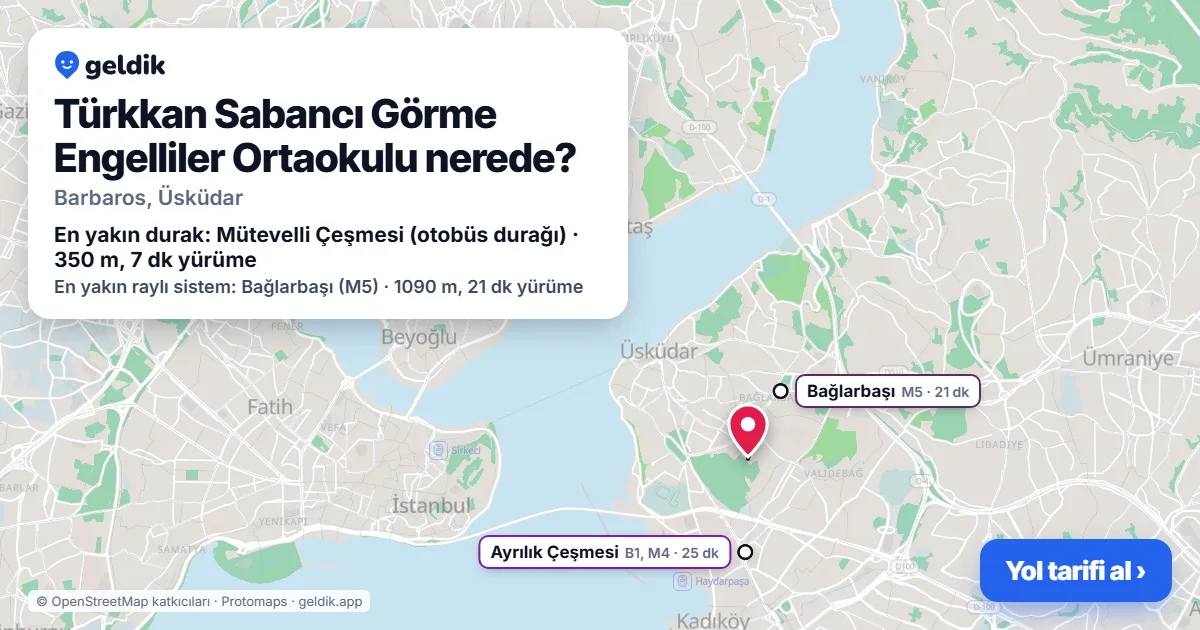 Türkkan Sabancı Görme Engelliler Ortaokulu nerede: haritada konumu ve en yakın duraklar, yürüme süreleriyle