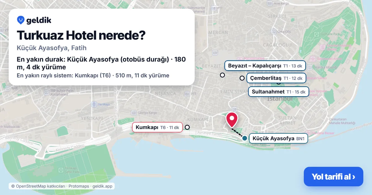 Where is Turkuaz Hotel: map with its location and the nearest stops, with walking times