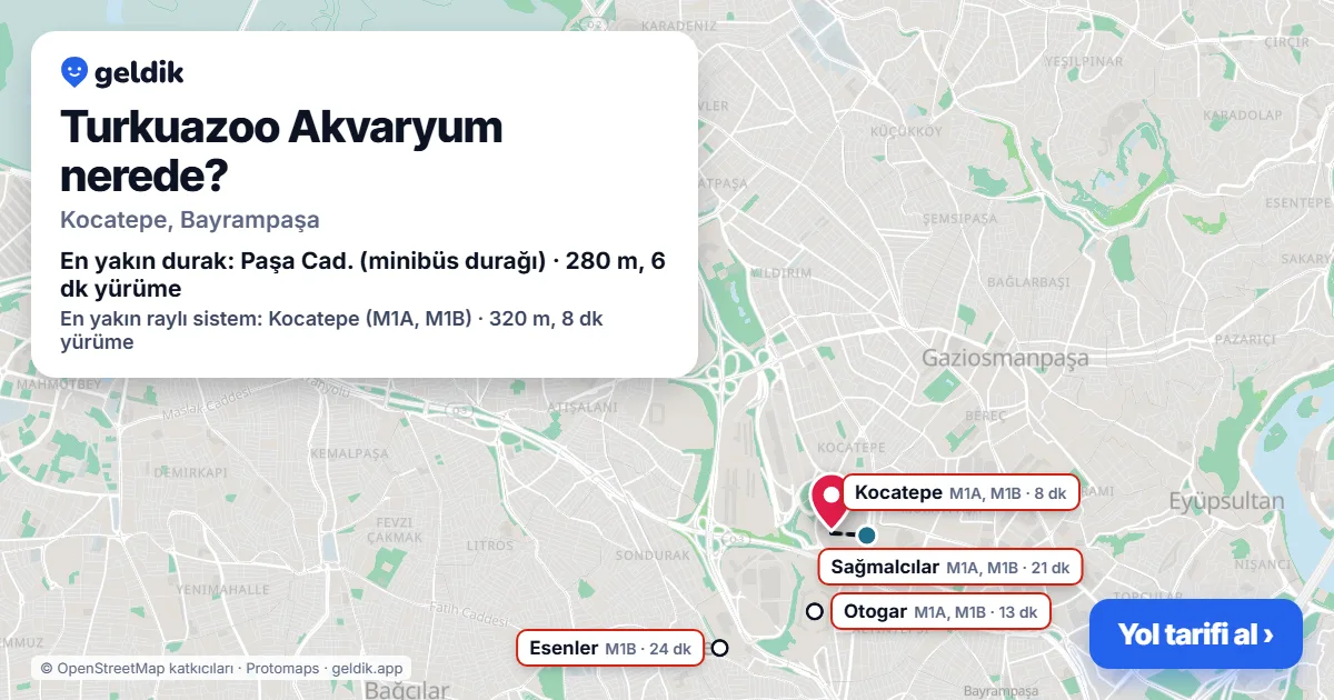 Where is Turkuazoo Aquarium: map with its location and the nearest stops, with walking times