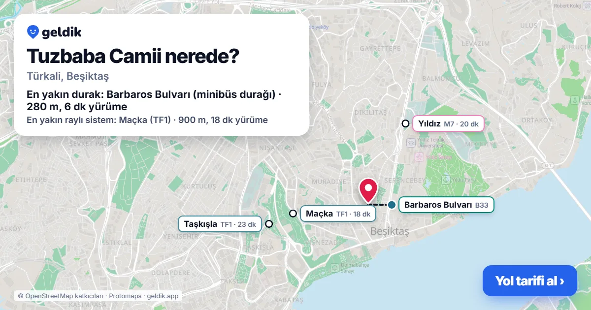 Tuzbaba Camii nerede: haritada konumu ve en yakın duraklar, yürüme süreleriyle