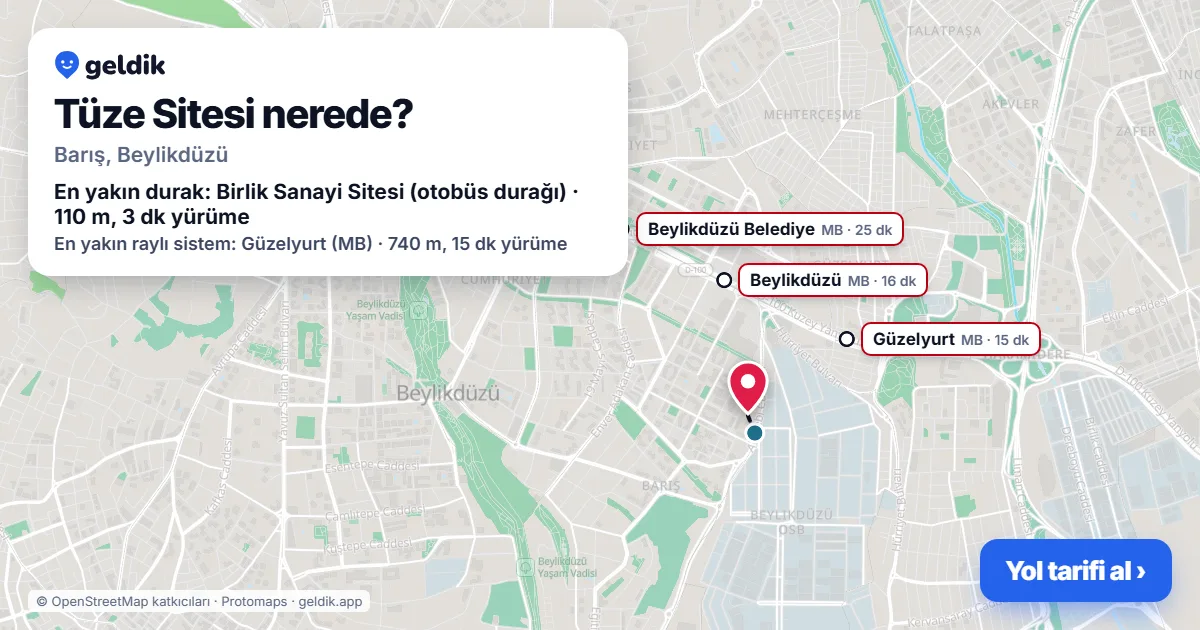 Where is Tüze Sitesi: map with its location and the nearest stops, with walking times