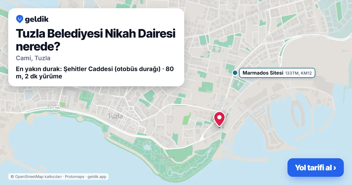 Tuzla Belediyesi Nikah Dairesi nerede: haritada konumu ve en yakın duraklar, yürüme süreleriyle