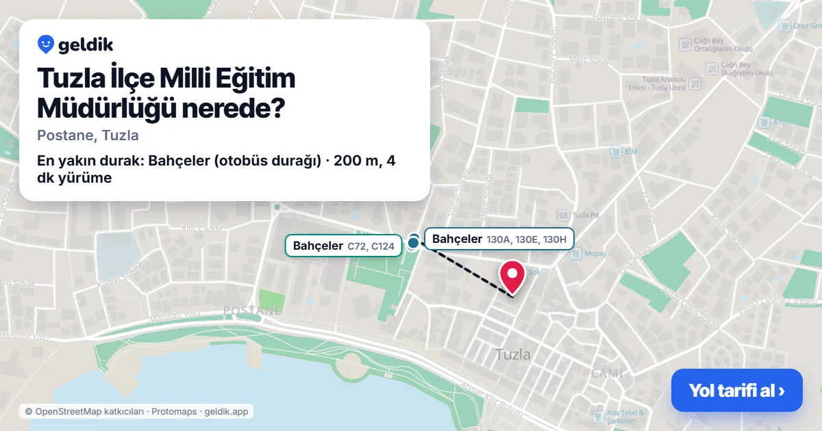 Tuzla İlçe Milli Eğitim Müdürlüğü nerede: haritada konumu ve en yakın duraklar, yürüme süreleriyle