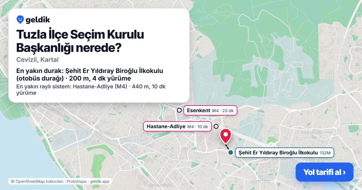 Where is Tuzla İlçe Seçim Kurulu Başkanlığı: map with its location and the nearest stops, with walking times
