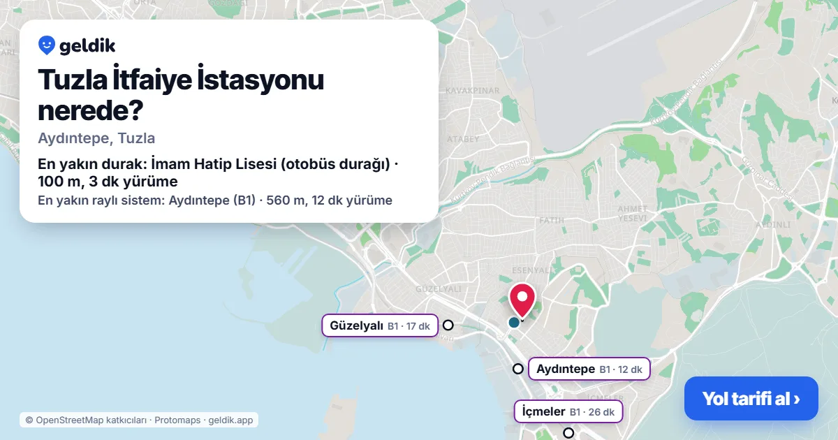 Tuzla İtfaiye İstasyonu nerede: haritada konumu ve en yakın duraklar, yürüme süreleriyle