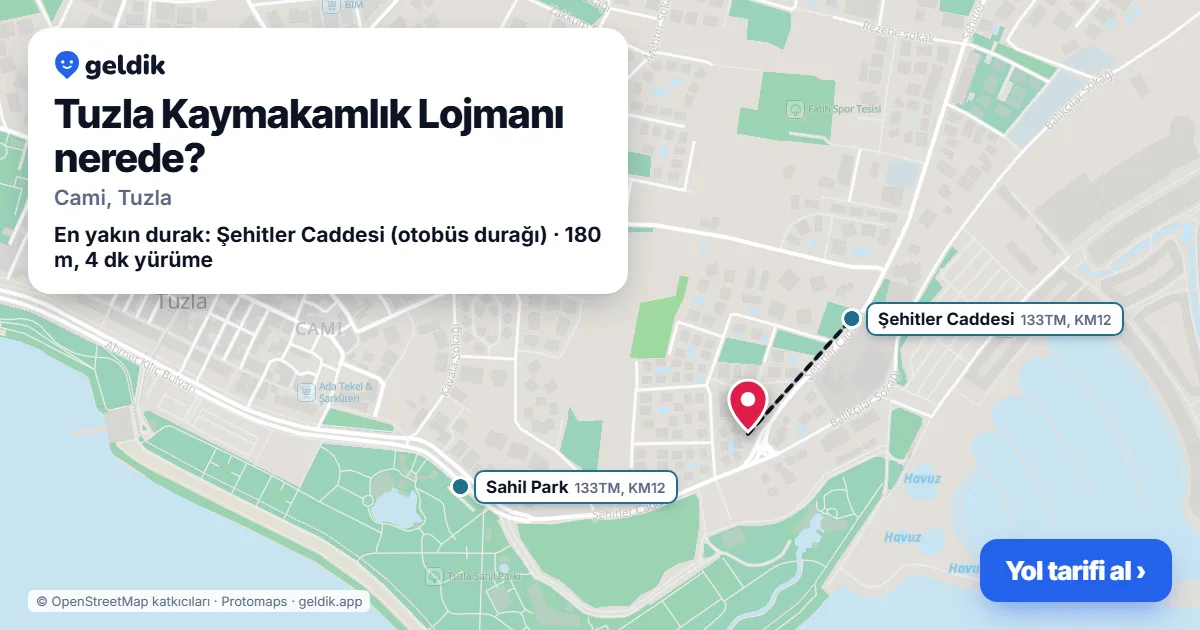 Tuzla Kaymakamlık Lojmanı nerede: haritada konumu ve en yakın duraklar, yürüme süreleriyle
