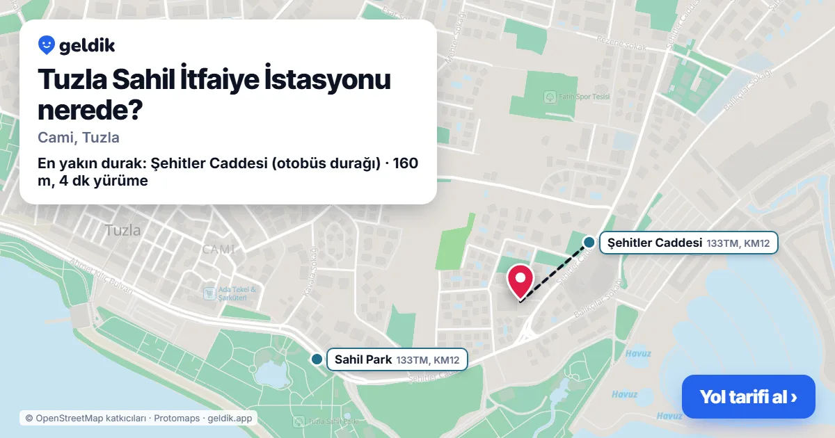 Tuzla Sahil İtfaiye İstasyonu nerede: haritada konumu ve en yakın duraklar, yürüme süreleriyle