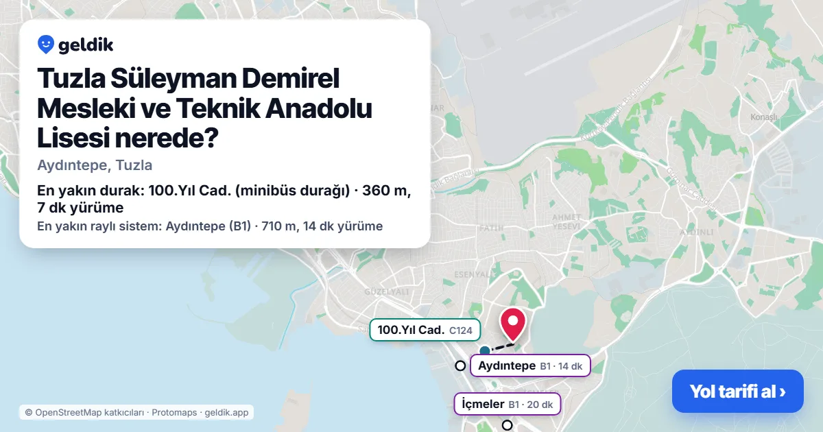 Where is Tuzla Süleyman Demirel Mesleki ve Teknik Anadolu Lisesi: map with its location and the nearest stops, with walking times