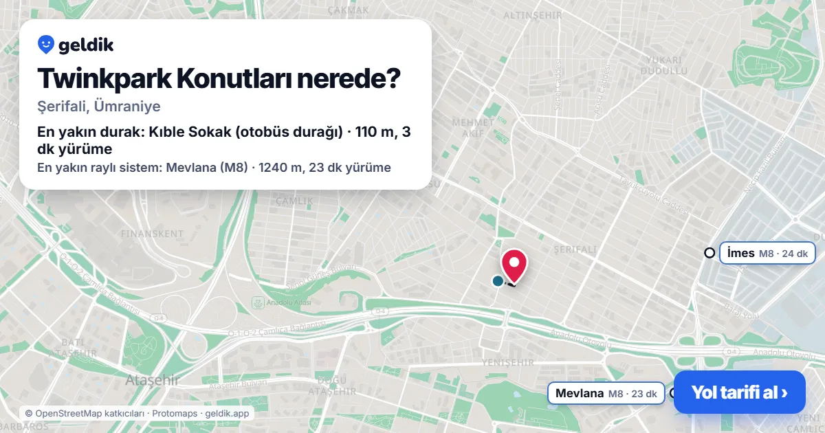 Where is Twinkpark Konutları: map with its location and the nearest stops, with walking times