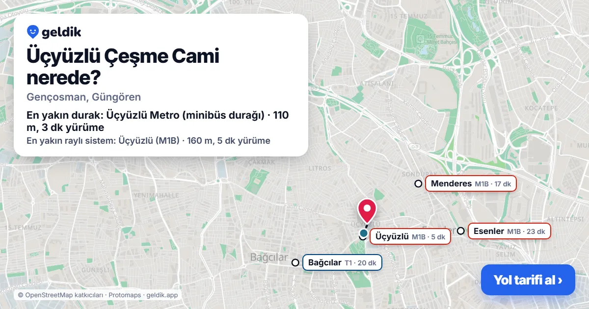 Where is Üçyüzlü Çeşme Cami: map with its location and the nearest stops, with walking times