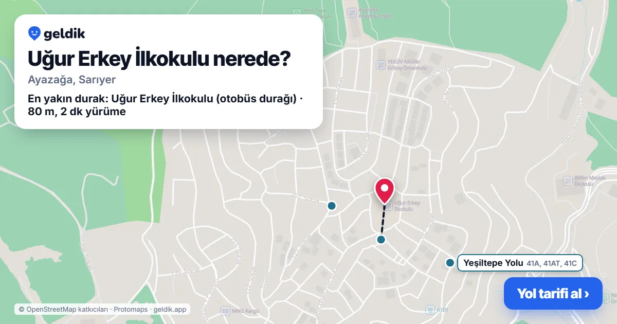 Uğur Erkey İlkokulu nerede: haritada konumu ve en yakın duraklar, yürüme süreleriyle