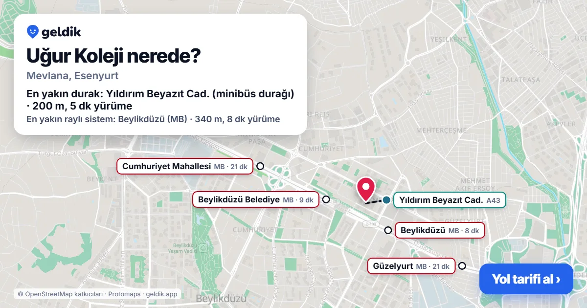 Uğur Koleji nerede: haritada konumu ve en yakın duraklar, yürüme süreleriyle