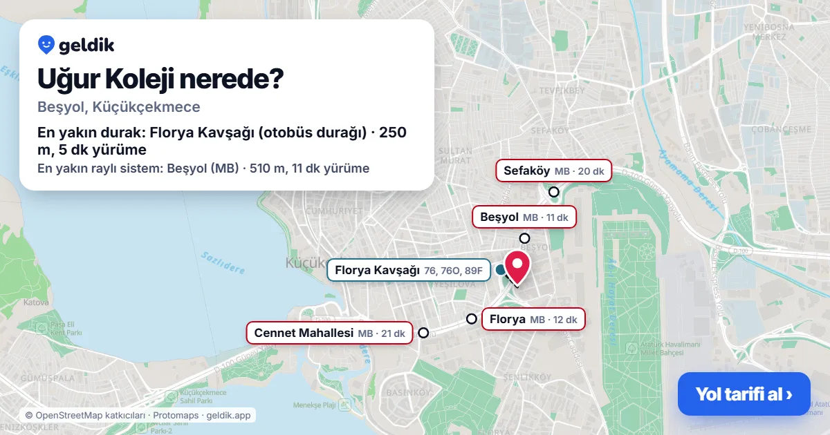 Uğur Koleji nerede: haritada konumu ve en yakın duraklar, yürüme süreleriyle