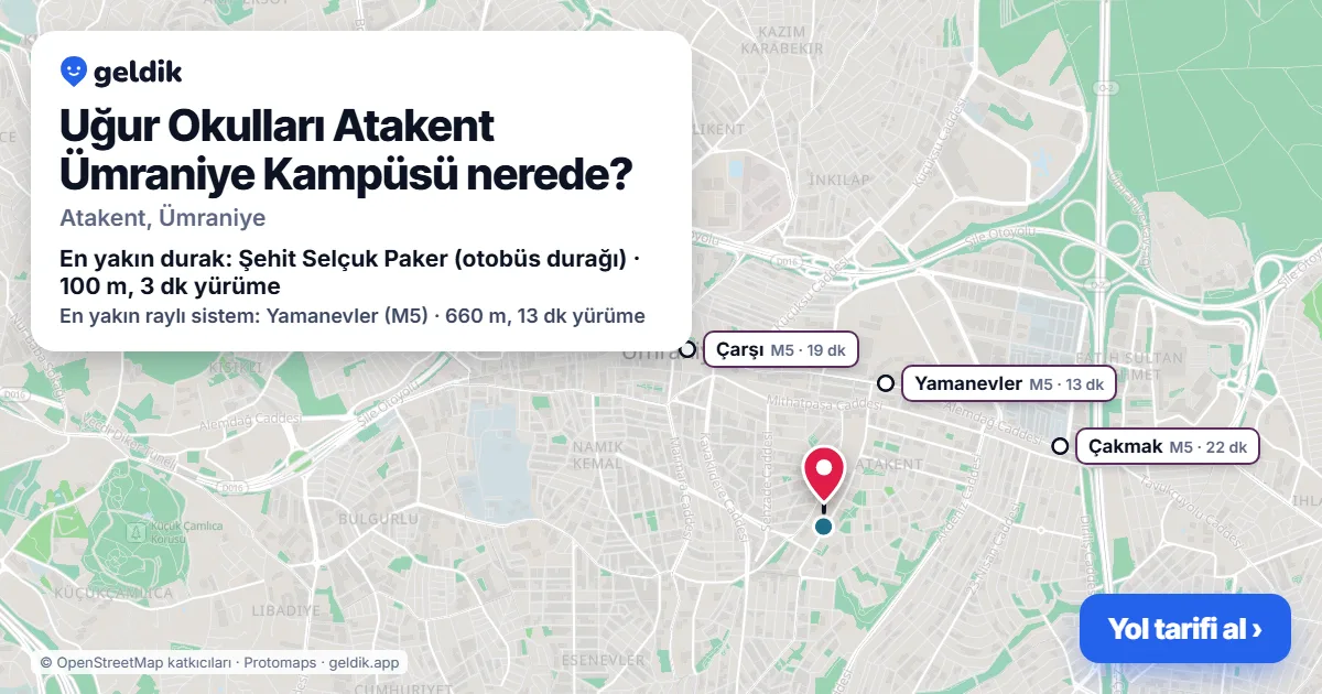 Where is Uğur Okulları Atakent Ümraniye Kampüsü: map with its location and the nearest stops, with walking times