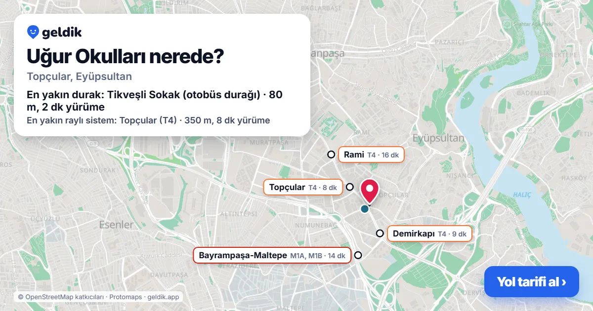 Where is Uğur Okulları: map with its location and the nearest stops, with walking times