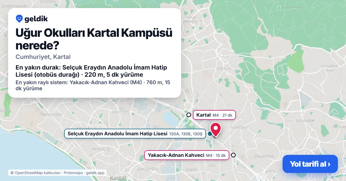 Uğur Okulları Kartal Kampüsü nerede: haritada konumu ve en yakın duraklar, yürüme süreleriyle