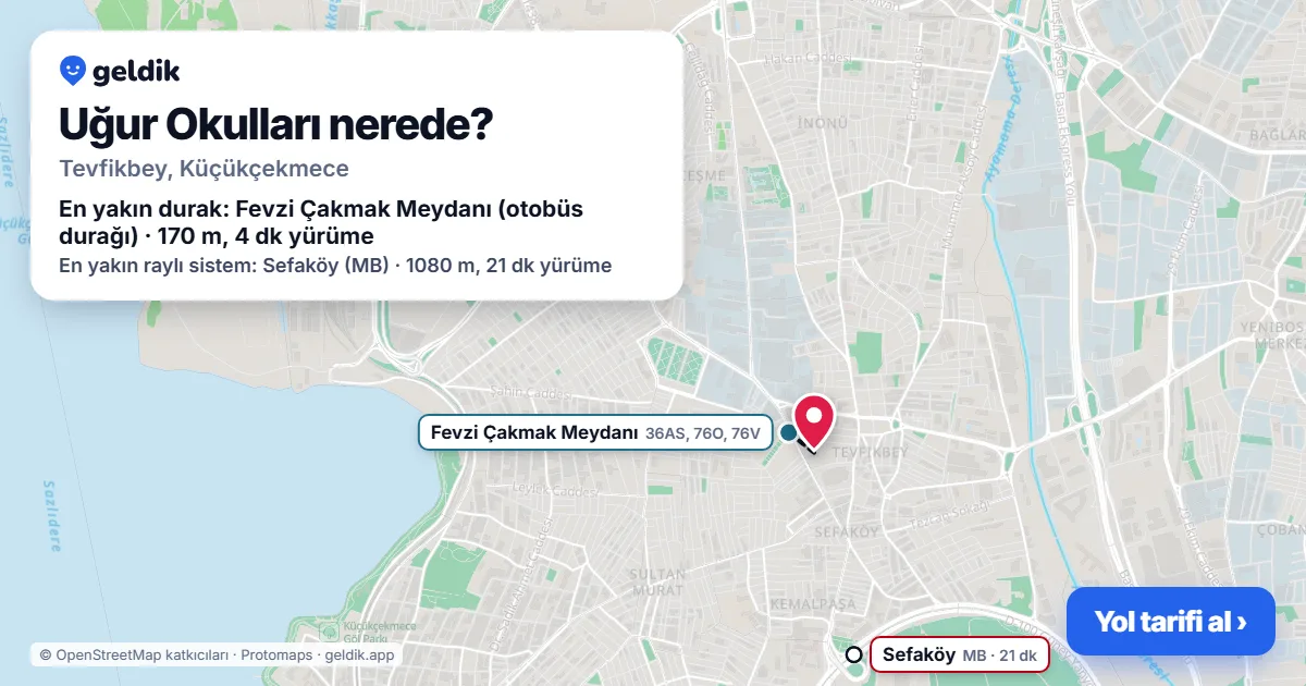 Where is Uğur Okulları: map with its location and the nearest stops, with walking times