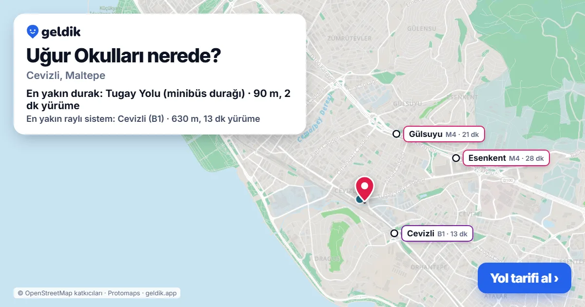 Where is Uğur Okulları: map with its location and the nearest stops, with walking times