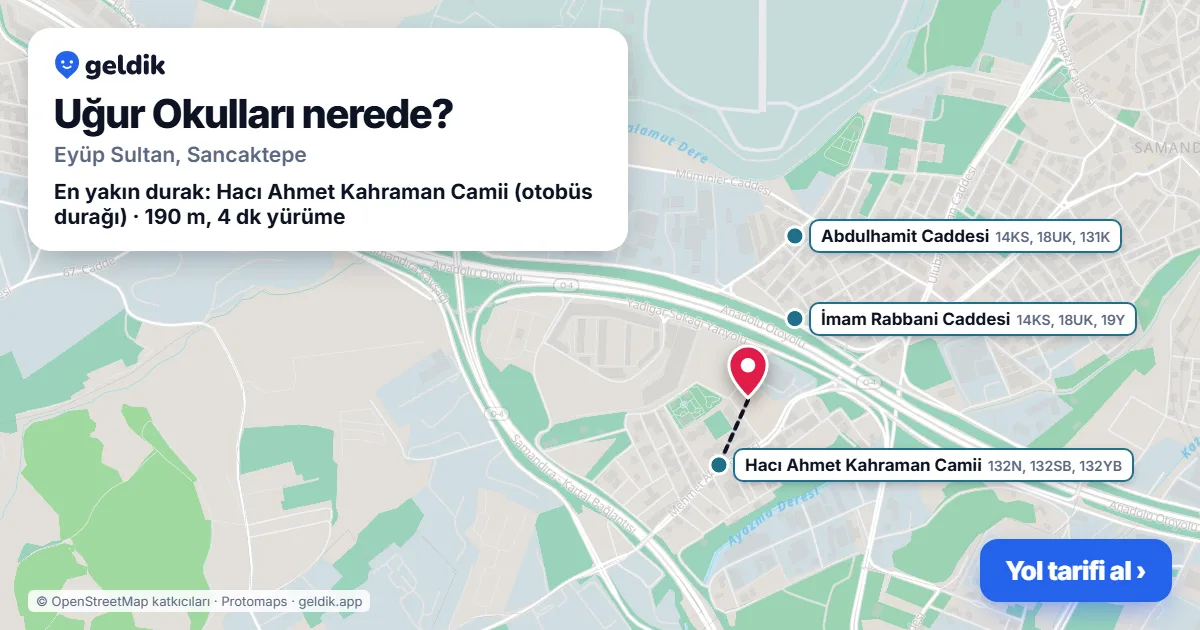 Uğur Okulları nerede: haritada konumu ve en yakın duraklar, yürüme süreleriyle