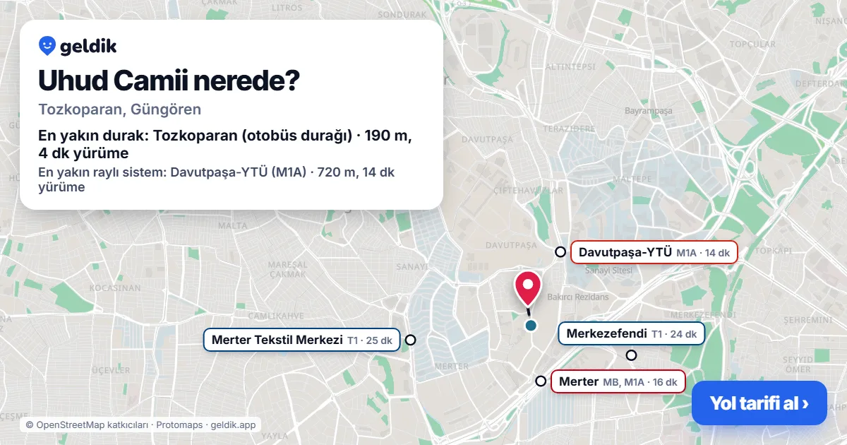 Where is Uhud Camii: map with its location and the nearest stops, with walking times