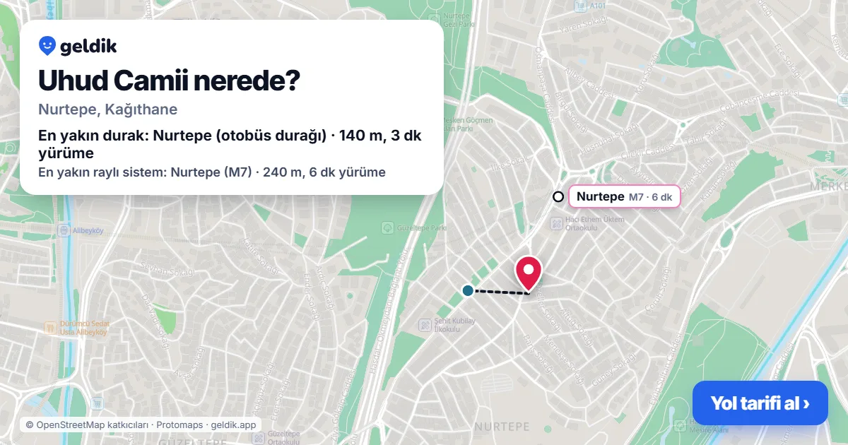 Where is Uhud Camii: map with its location and the nearest stops, with walking times