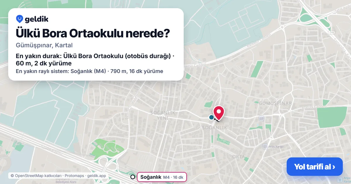 Ülkü Bora Ortaokulu nerede: haritada konumu ve en yakın duraklar, yürüme süreleriyle