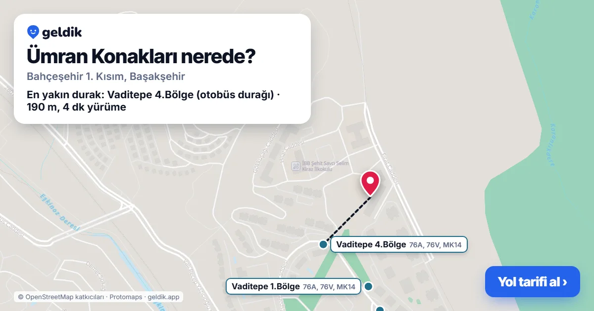 Ümran Konakları nerede: haritada konumu ve en yakın duraklar, yürüme süreleriyle