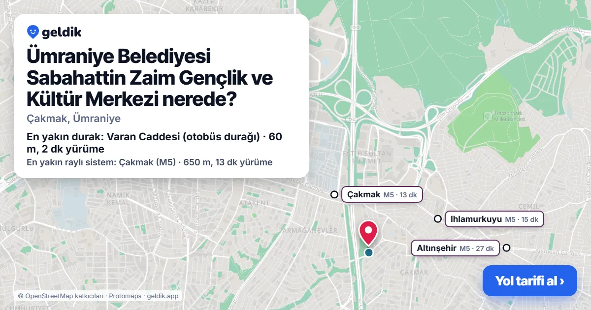 Where is Ümraniye Belediyesi Sabahattin Zaim Gençlik ve Kültür Merkezi: map with its location and the nearest stops, with walking times