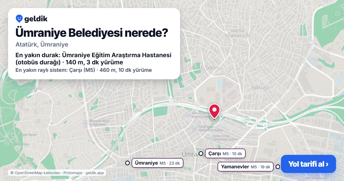 Where is Ümraniye Belediyesi: map with its location and the nearest stops, with walking times