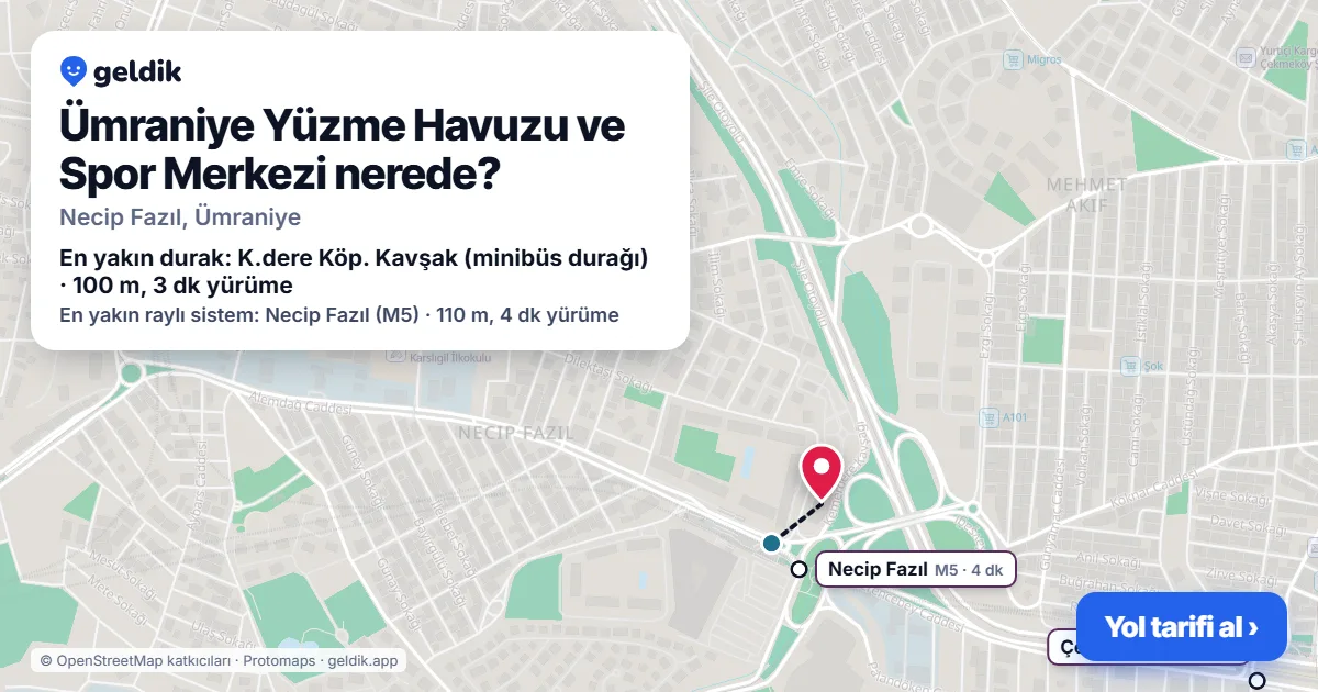 Where is Ümraniye Yüzme Havuzu ve Spor Merkezi: map with its location and the nearest stops, with walking times