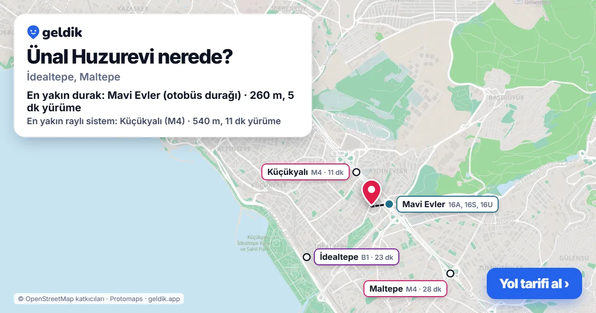Where is Ünal Huzurevi: map with its location and the nearest stops, with walking times