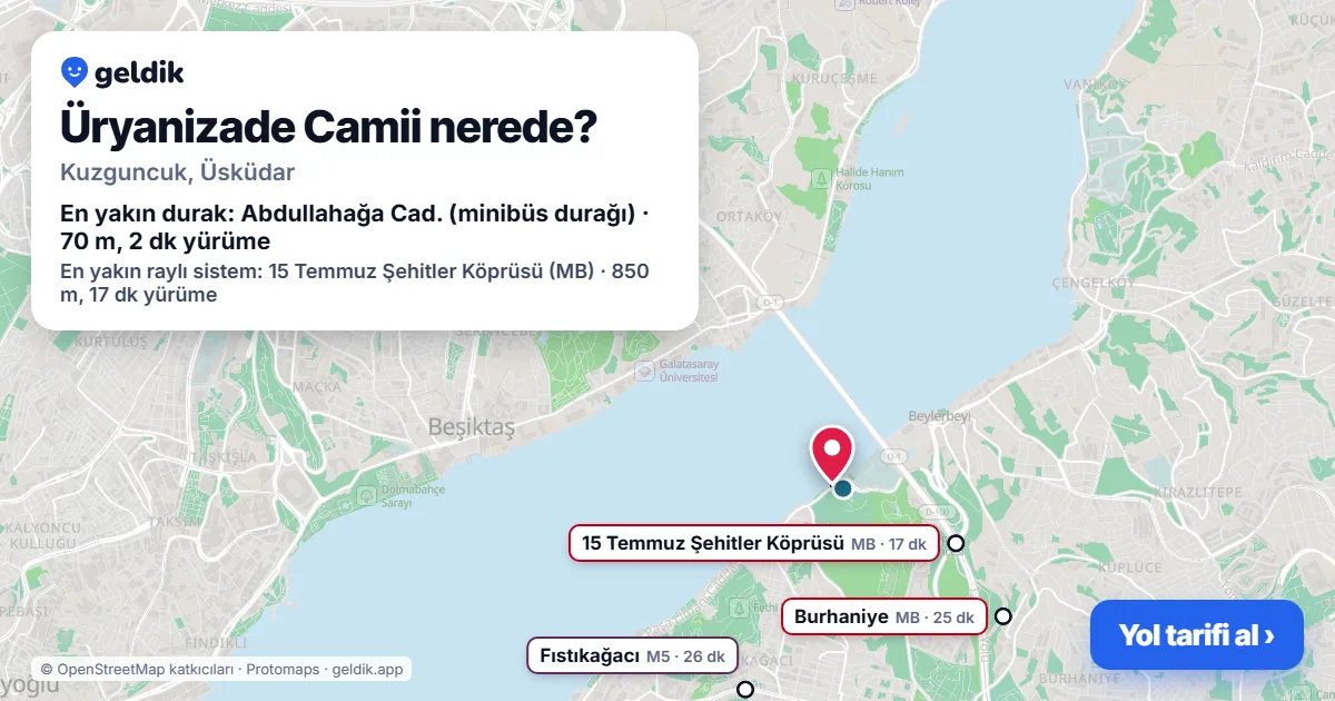 Üryanizade Camii nerede: haritada konumu ve en yakın duraklar, yürüme süreleriyle