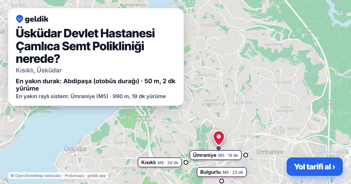 Üsküdar Devlet Hastanesi Çamlıca Semt Polikliniği nerede: haritada konumu ve en yakın duraklar, yürüme süreleriyle