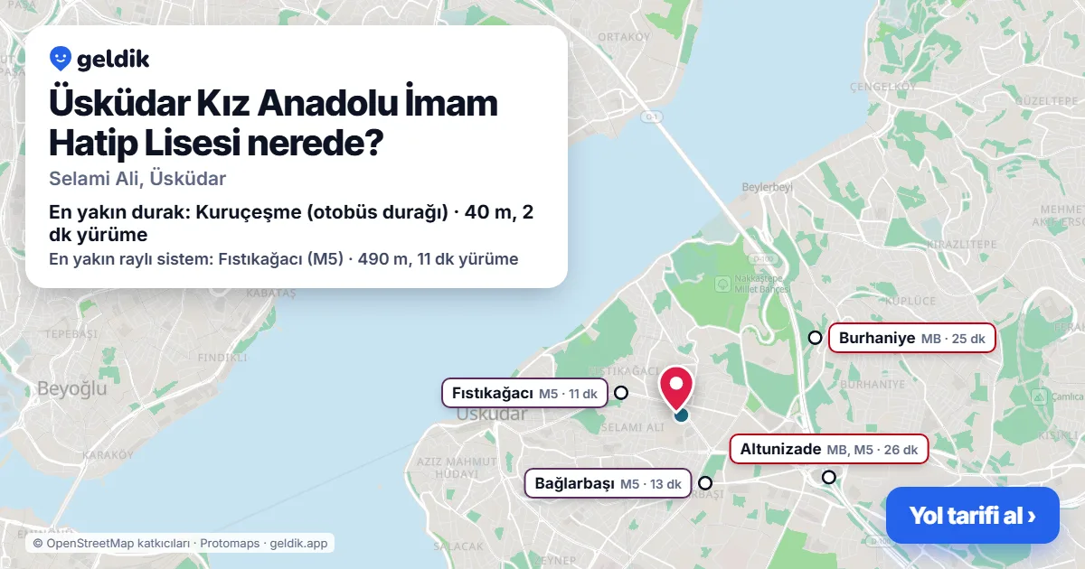 Üsküdar Kız Anadolu İmam Hatip Lisesi nerede: haritada konumu ve en yakın duraklar, yürüme süreleriyle