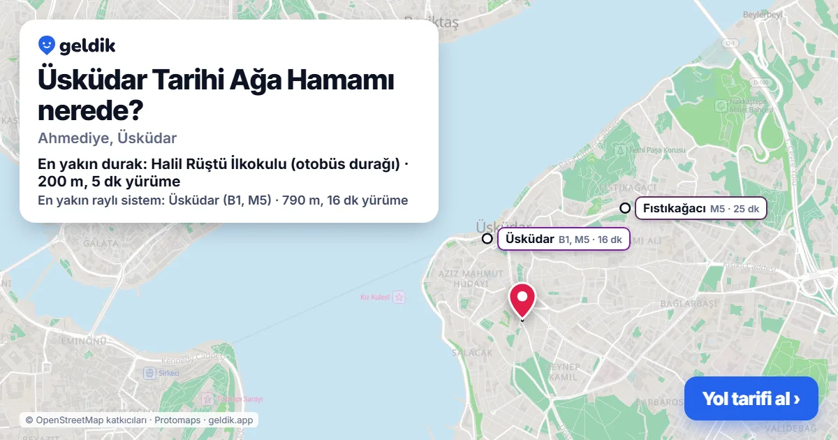 Where is Üsküdar Tarihi Ağa Hamamı: map with its location and the nearest stops, with walking times