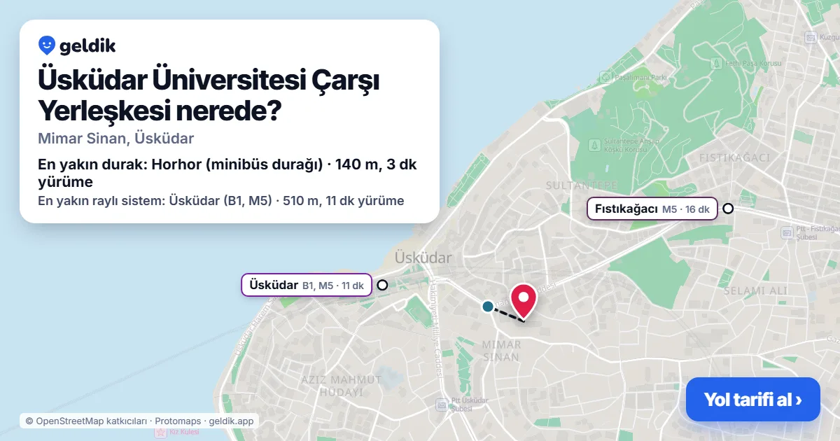 Üsküdar Üniversitesi Çarşı Yerleşkesi nerede: haritada konumu ve en yakın duraklar, yürüme süreleriyle