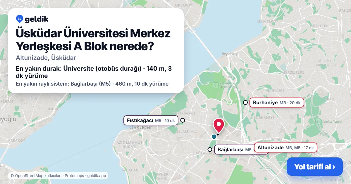 Üsküdar Üniversitesi Merkez Yerleşkesi A Blok nerede: haritada konumu ve en yakın duraklar, yürüme süreleriyle