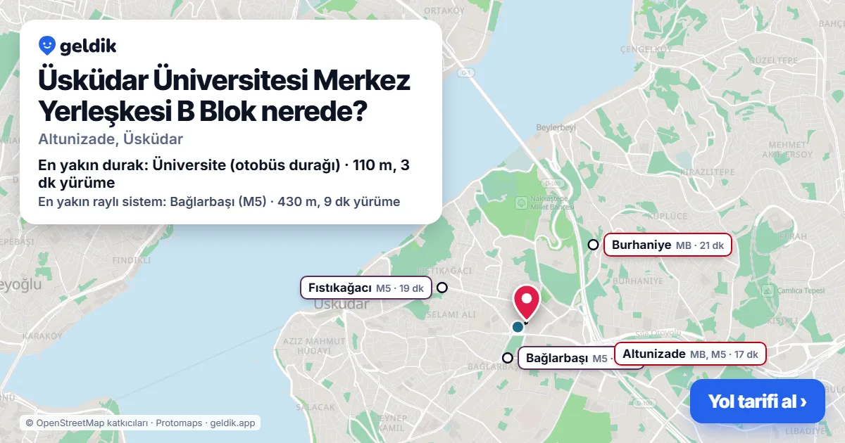 Üsküdar Üniversitesi Merkez Yerleşkesi B Blok nerede: haritada konumu ve en yakın duraklar, yürüme süreleriyle