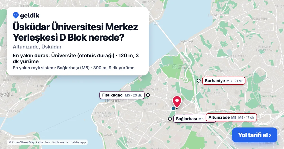 Where is Üsküdar Üniversitesi Merkez Yerleşkesi D Blok: map with its location and the nearest stops, with walking times