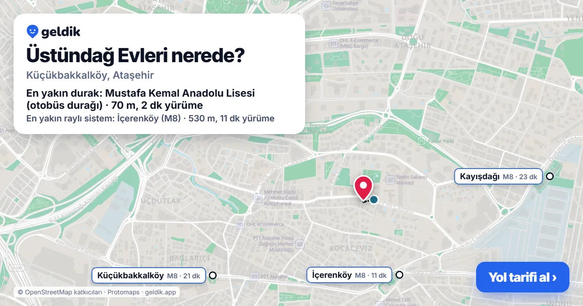 Where is Üstündağ Evleri: map with its location and the nearest stops, with walking times