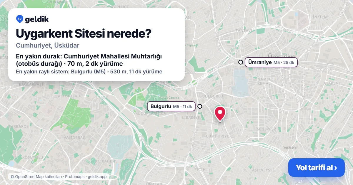 Where is Uygarkent Sitesi: map with its location and the nearest stops, with walking times