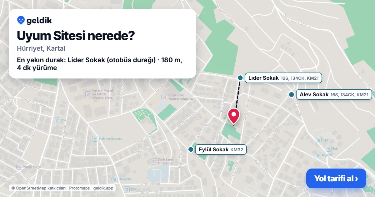 Uyum Sitesi nerede: haritada konumu ve en yakın duraklar, yürüme süreleriyle