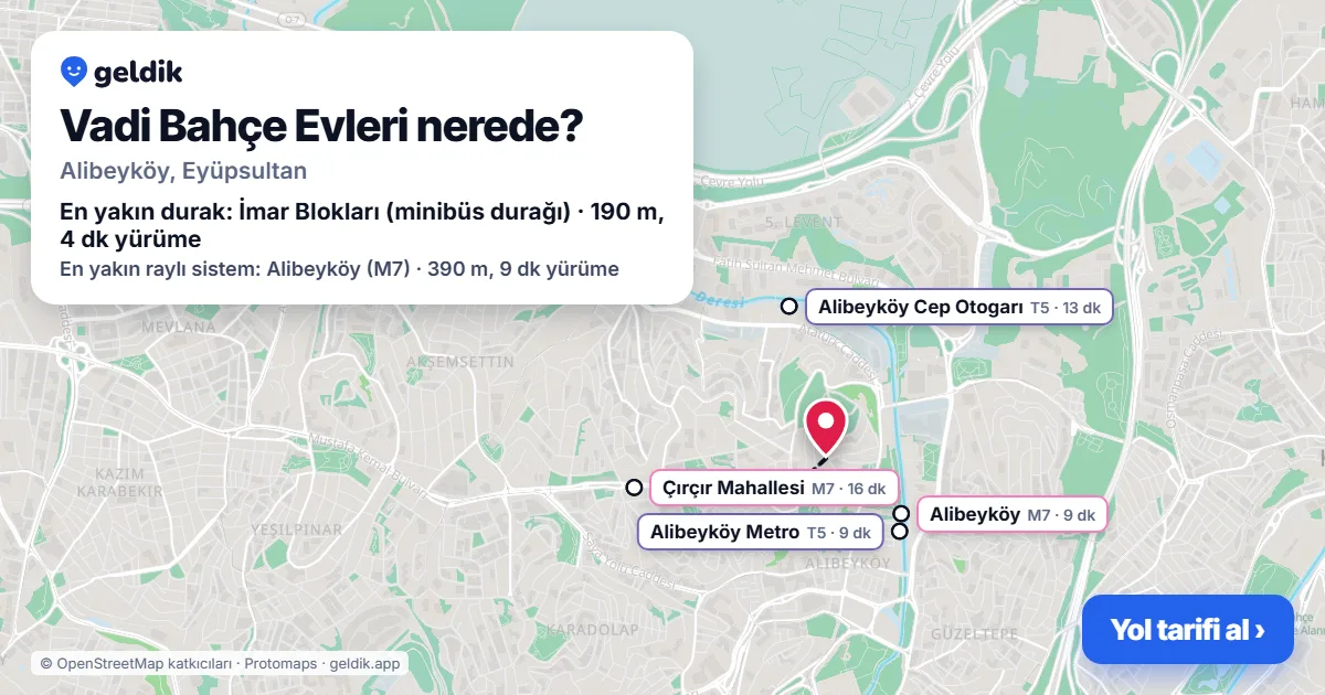 Where is Vadi Bahçe Evleri: map with its location and the nearest stops, with walking times