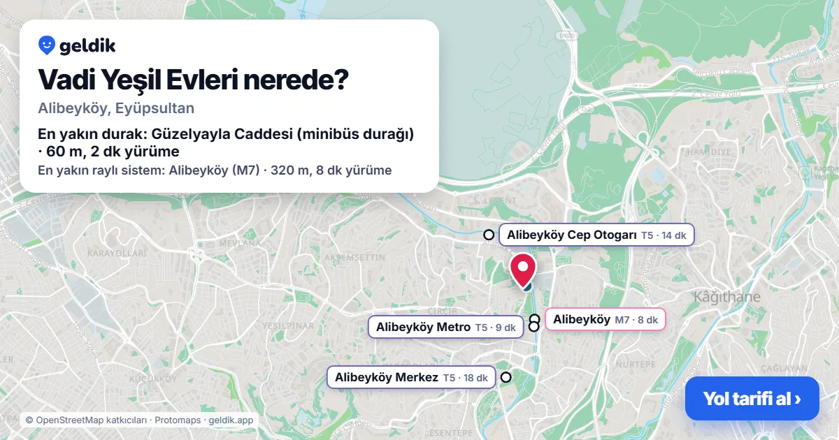 Where is Vadi Yeşil Evleri: map with its location and the nearest stops, with walking times